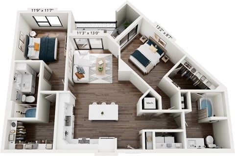 Floor plan for 2 beds, 2 baths, 1100 sqft