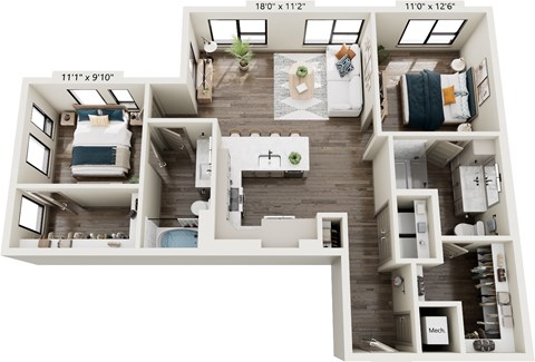Floor plan for 2 beds, 2 baths, 1102 sqft