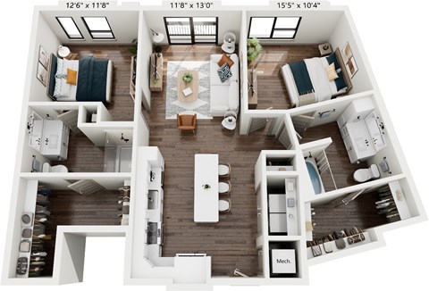 Floor plan for 2 beds, 2 baths, 1119 sqft