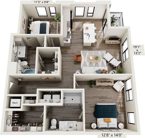 Floor plan for 2 beds, 2 baths, 1131 sqft