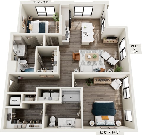 Floor plan for 2 beds, 2 baths, 1131 sqft