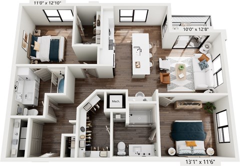 Floor plan for 2 beds, 2 baths, 1142 sqft