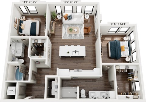 Floor plan for 2 beds, 2 baths, 1150 sqft
