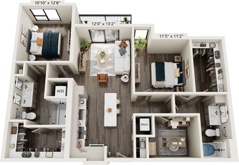 Floor plan for 2 beds, 2 baths, 1165 sqft