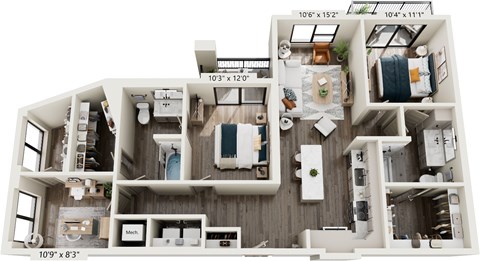 Floor plan for 2 beds, 2 baths, 1236 sqft