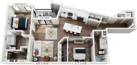 Floor plan for 2 beds, 2 baths, 1253 sqft