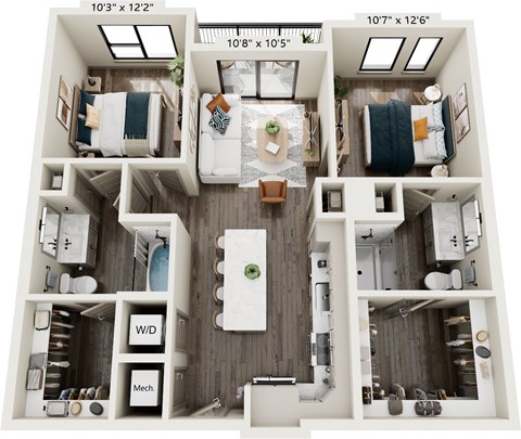 Floor plan for 2 beds, 2 baths, 979 sqft