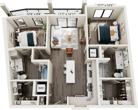 Floor plan for 2 beds, 2 baths, 984 sqft