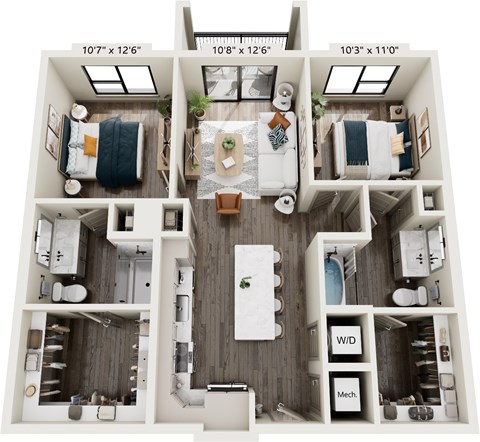 Floor plan for 2 beds, 2 baths, 992 sqft