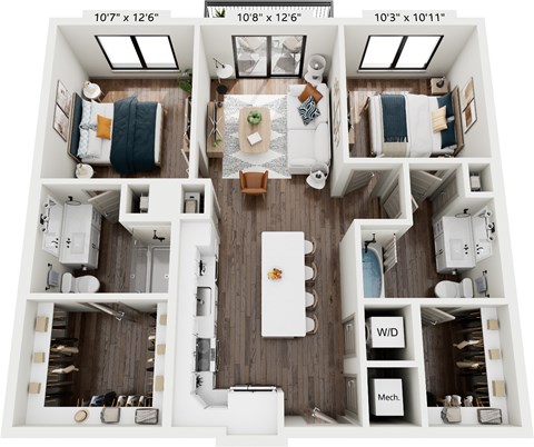 Floor plan for 2 beds, 2 baths, 992 sqft