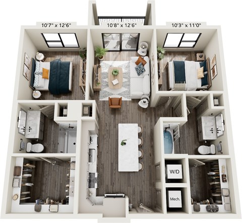 Floor plan for 2 beds, 2 baths, 1147 sqft