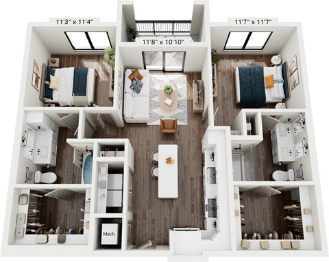 Floor plan for 2 beds, 2 baths, 1017 sqft