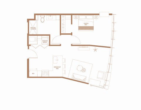 Floor plan for 1 bed, 1 bath, 673 sqft