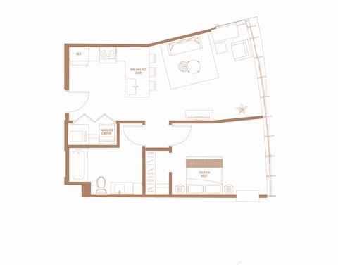 Floor plan for 1 bed, 1 bath, 673 sqft