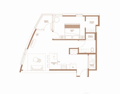 Floor plan for 1 bed, 1 bath, 751 sqft