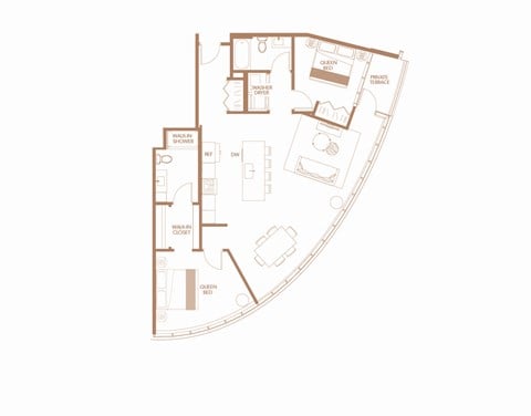 Floor plan for 2 beds, 2 baths, 1257 sqft
