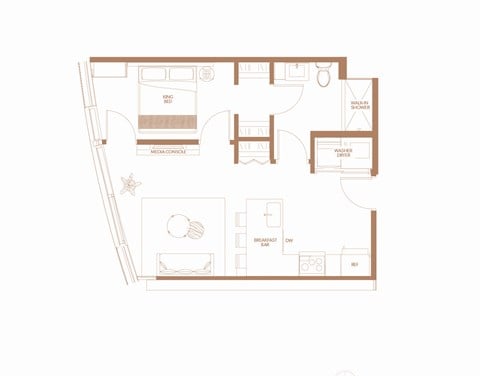 Floor plan for 1 bed, 1 bath, 576 sqft