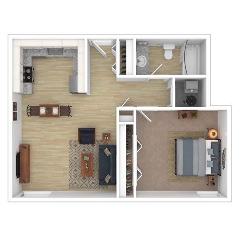 Floor plan for 1 bed, 1 bath, 611 sqft