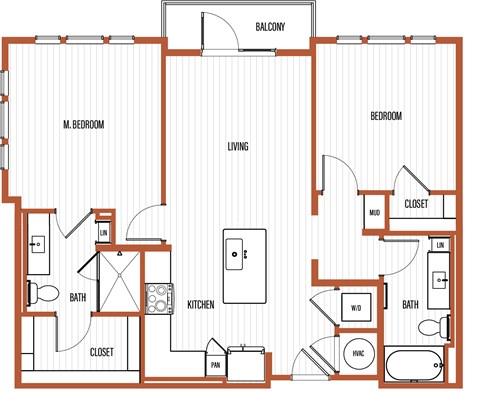 Floor plan for 2 beds, 2 baths, 1000 sqft