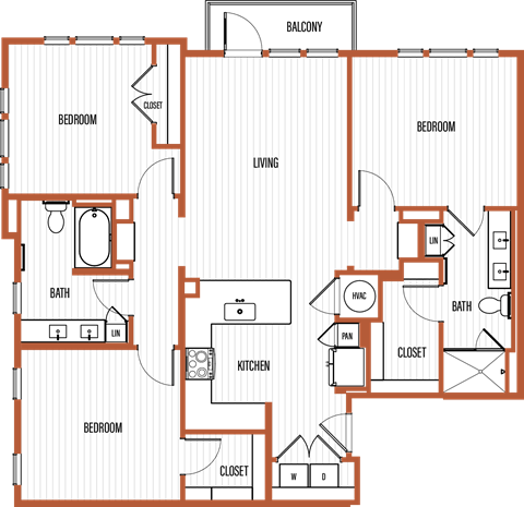 Floor plan for 3 beds, 2 baths, 1376 sqft