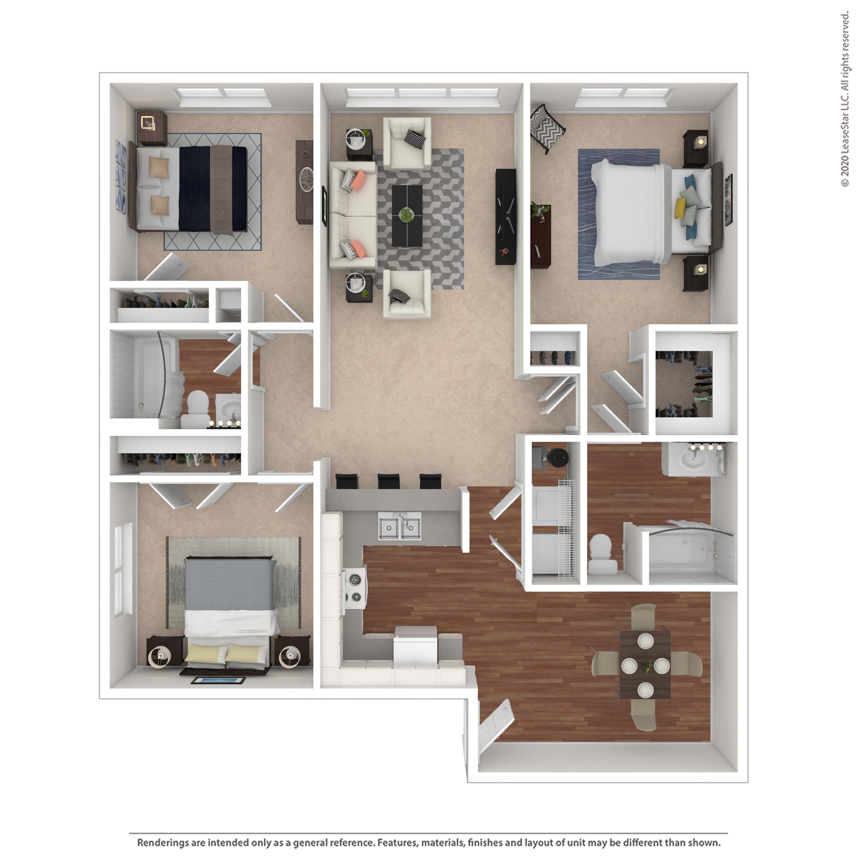 Floor plan for 3 beds, 2 baths, 1340 sqft
