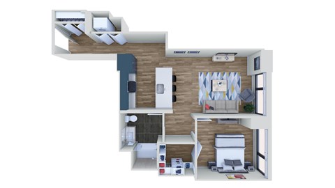Floor plan for 1 bed, 1 bath, 684 sqft