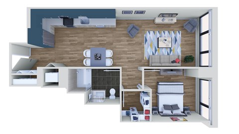 Floor plan for 1 bed, 1 bath, 674 sqft