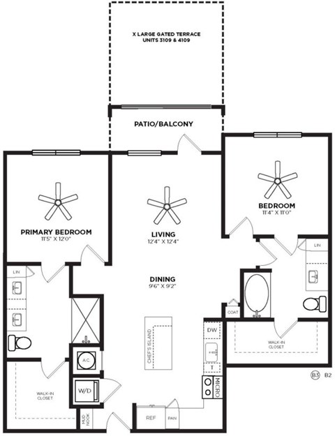 Floor plan for 2 beds, 2 baths, 1113 sqft