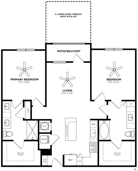 Floor plan for 2 beds, 2 baths, 1109 sqft