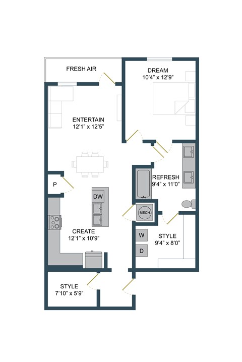Floor plan for 1 bed, 1 bath, 898 sqft