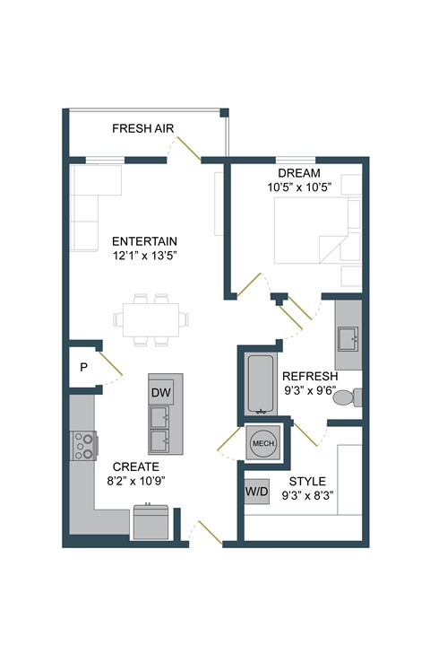 Floor plan for 1 bed, 1 bath, 708 sqft