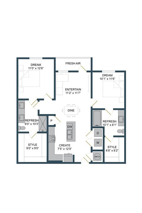 Floor plan for 2 beds, 2 baths, 1066 sqft