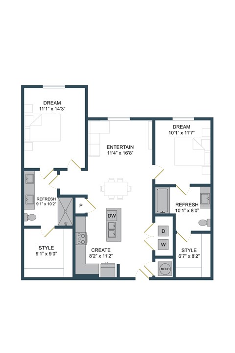 Floor plan for 2 beds, 2 baths, 1086 sqft
