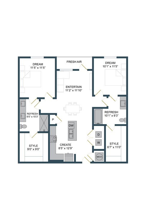 Floor plan for 2 beds, 2 baths, 1111 sqft