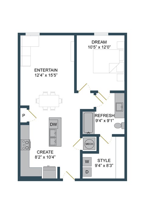 Floor plan for 1 bed, 1 bath, 756 sqft