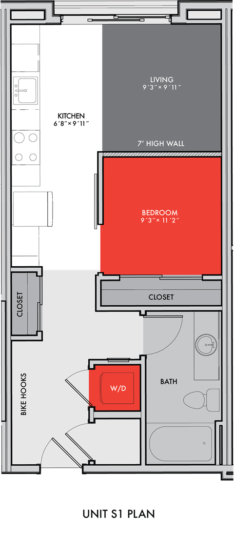 Floor plan for studio, 1 bath, 537 sqft