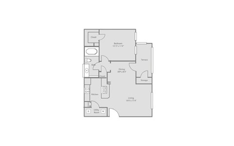 Floor plan for 1 bed, 1 bath, 681 sqft
