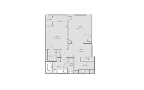 Floor plan for 1 bed, 1 bath, 748 sqft