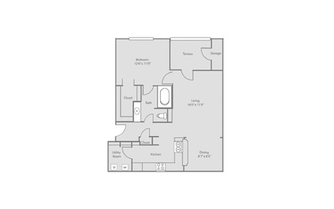 Floor plan for 1 bed, 1 bath, 754 sqft