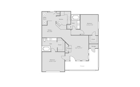 Floor plan for 2 beds, 2 baths, 1149 sqft