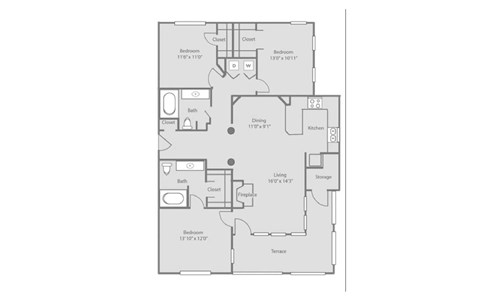 Floor plan for 3 beds, 2 baths, 1336 sqft