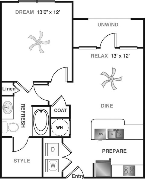 Floor plan for 1 bed, 1 bath, 661 sqft