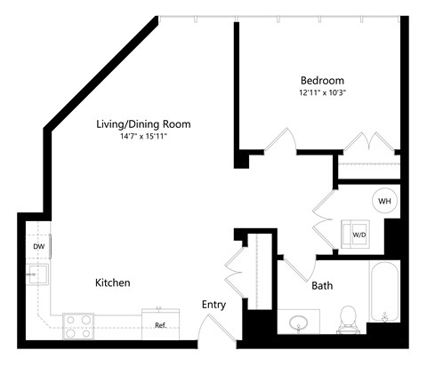 Floor plan for 1 bed, 1 bath, 680 sqft