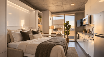 Phoenix apartment for rent - A modern bedroom with a large bed and a kitchen area in the background.