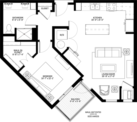 Floor plan for 1 bed, 1 bath, 806 sqft