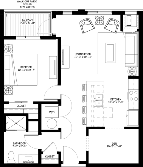 Floor plan for 1 bed, 1 bath, 821 sqft