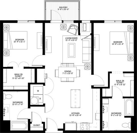 Floor plan for 2 beds, 2 baths, 1162 sqft