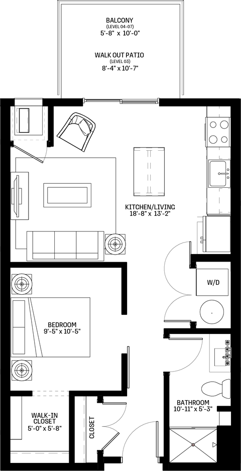 Floor plan for studio, 1 bath, 604 sqft