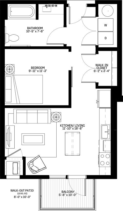 Floor plan for studio, 1 bath, 623 sqft