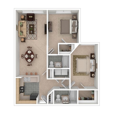 Floor plan for 2 beds, 2 baths, 1033 sqft